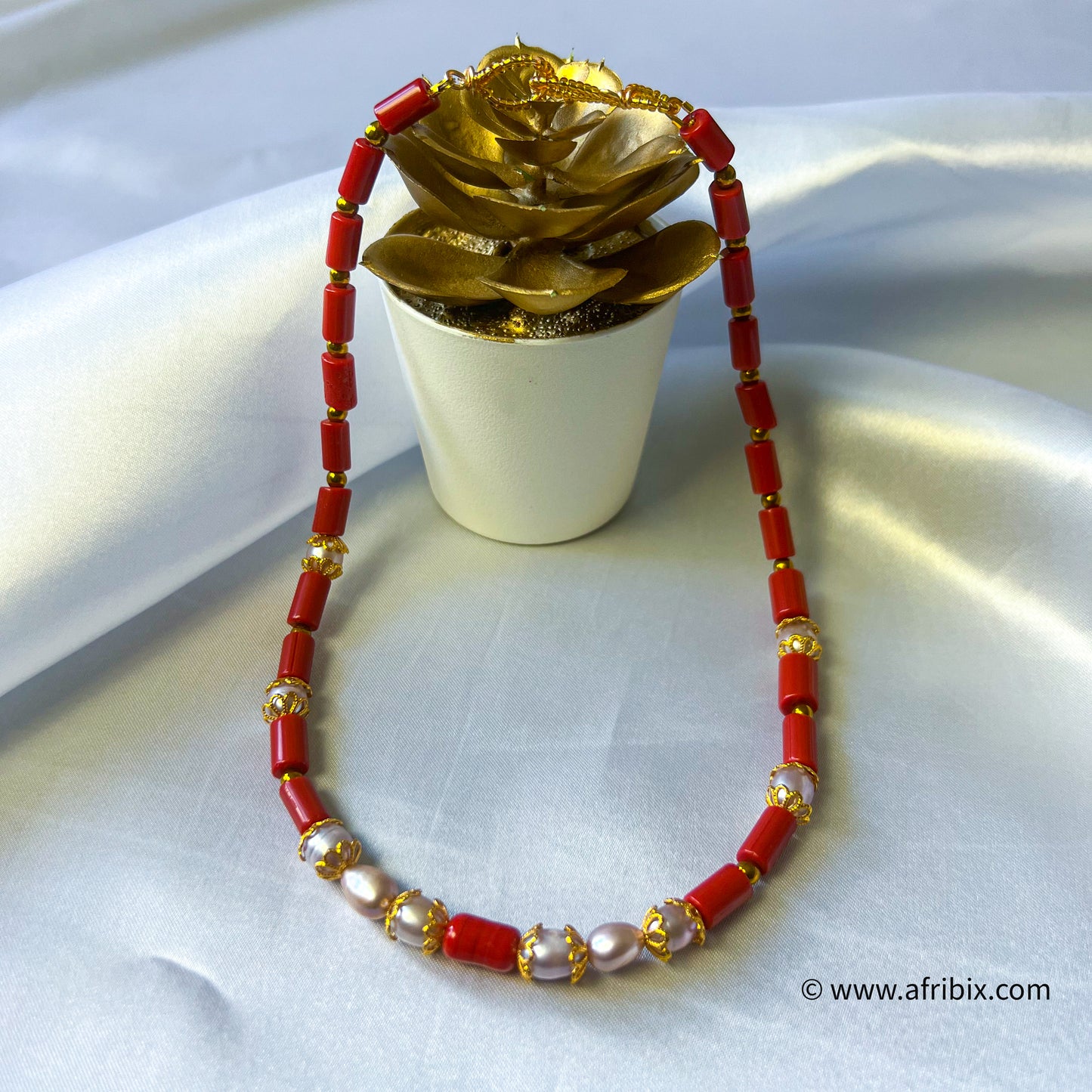 Emotan Pearl and Coral Necklace 3 Piece set.