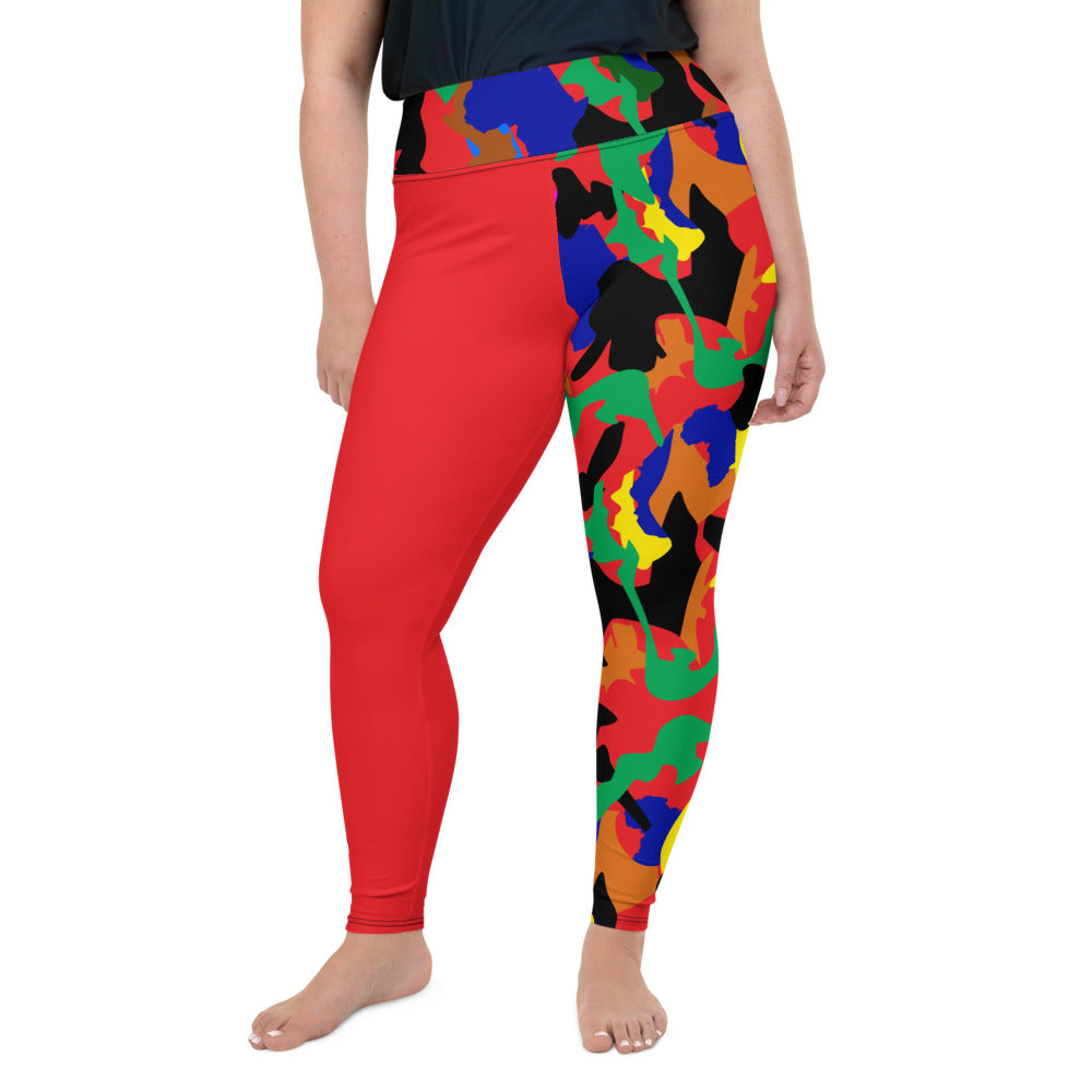 flyersetcinc Camo Print Patch Plus Size High Waist Leggings - Red