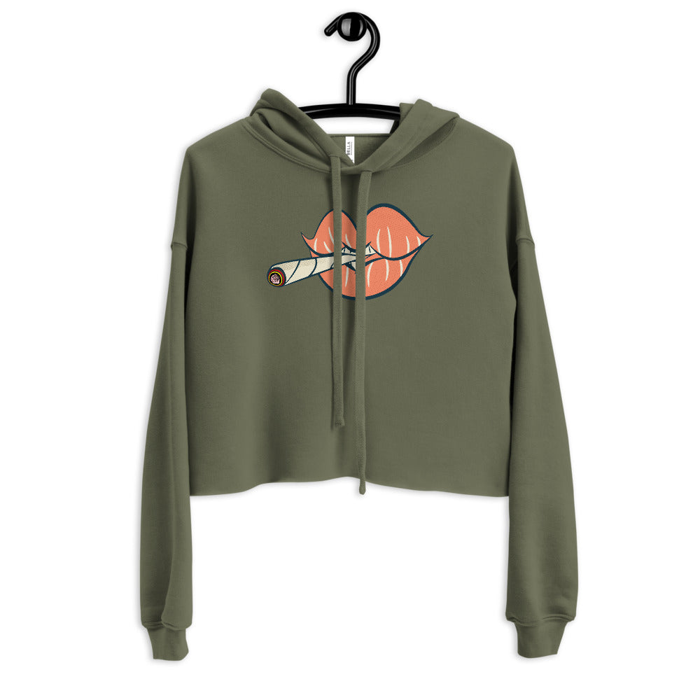 'Puff on Dis' Graphic Lips Comfy Crop Hoodie