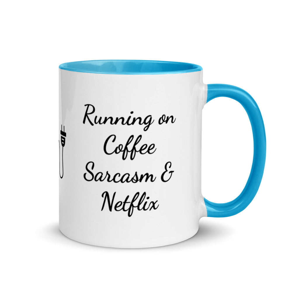 "Running on Coffee Sarcasm and Netflix" Two Toned Mug with Color Inside