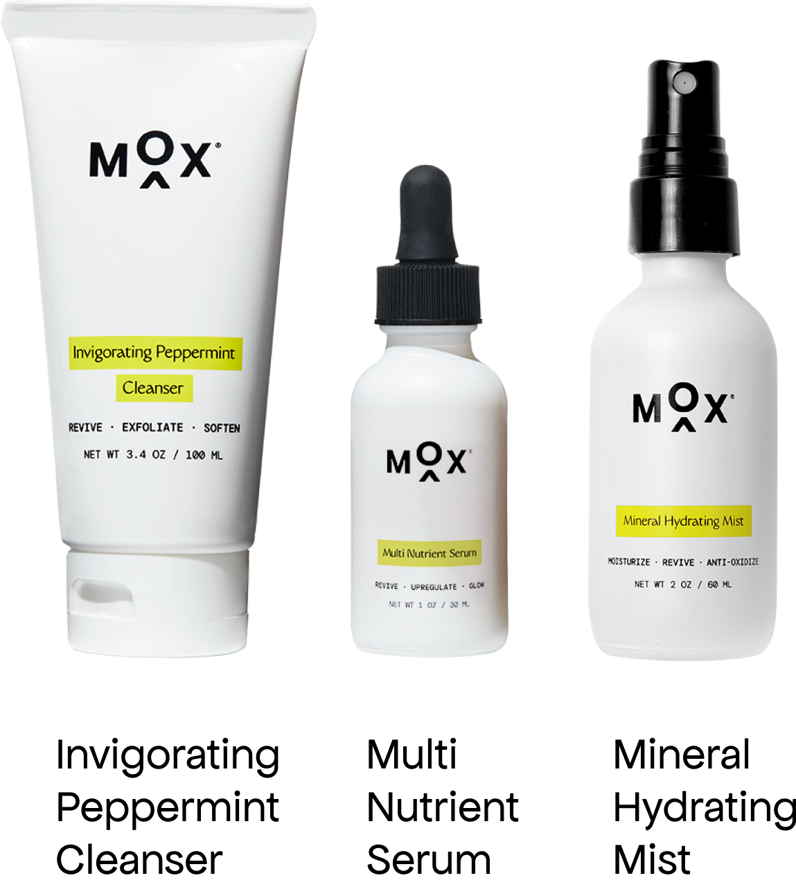 The MOX Superset: Invigorating Peppermint Cleanser, Multi Nutrient Serum, and Mineral Hydrating Mist