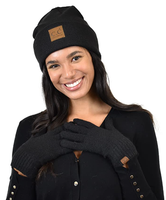 Eco-Friendly Recycled Yarn Cuff Beanie and Touchscreen Gloves 2 Pc Set - Eco Trade Company