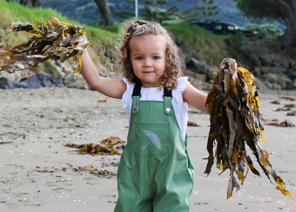 Little girl toddler playing at the beach in our Brolly Sheets Wet Weather Waterproof Overalls. She is holding up some seaweed. 