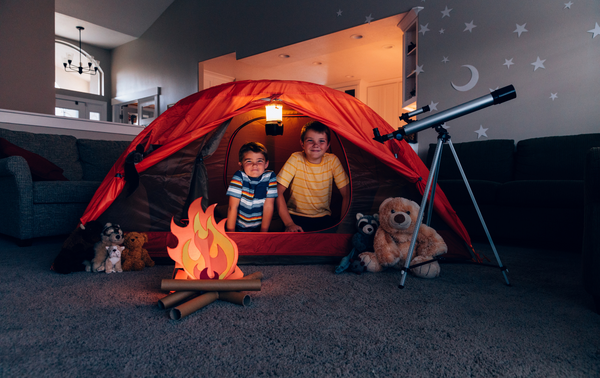 Two little brothers camping in their lounge