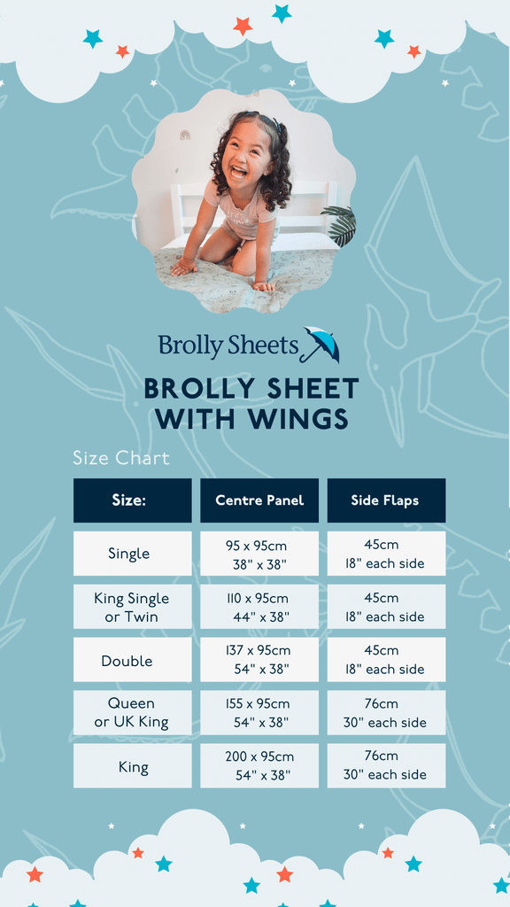 A comprehensive Sizing and dimensions chart for our Brolly Sheets with Wings