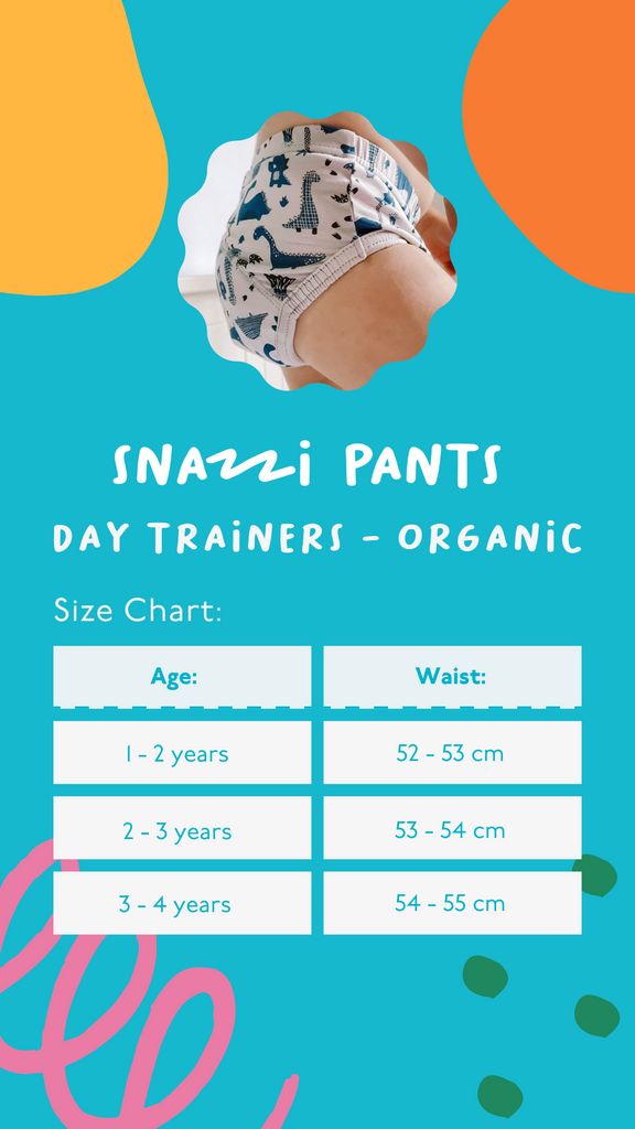 Size Guide for Brolly Sheets Organic Snazzi Pants Day Trainers