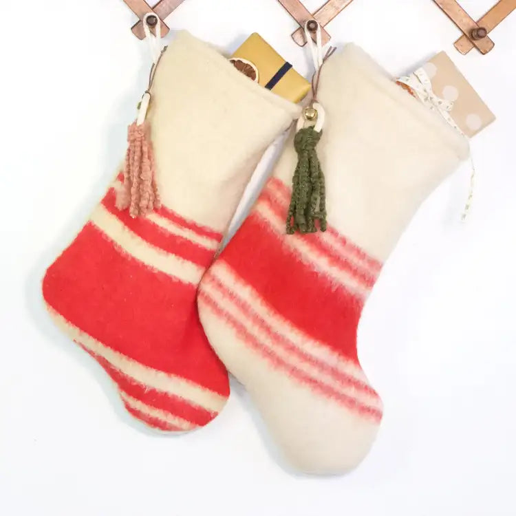 Red and White Striped Stocking Made from Wool Blankets