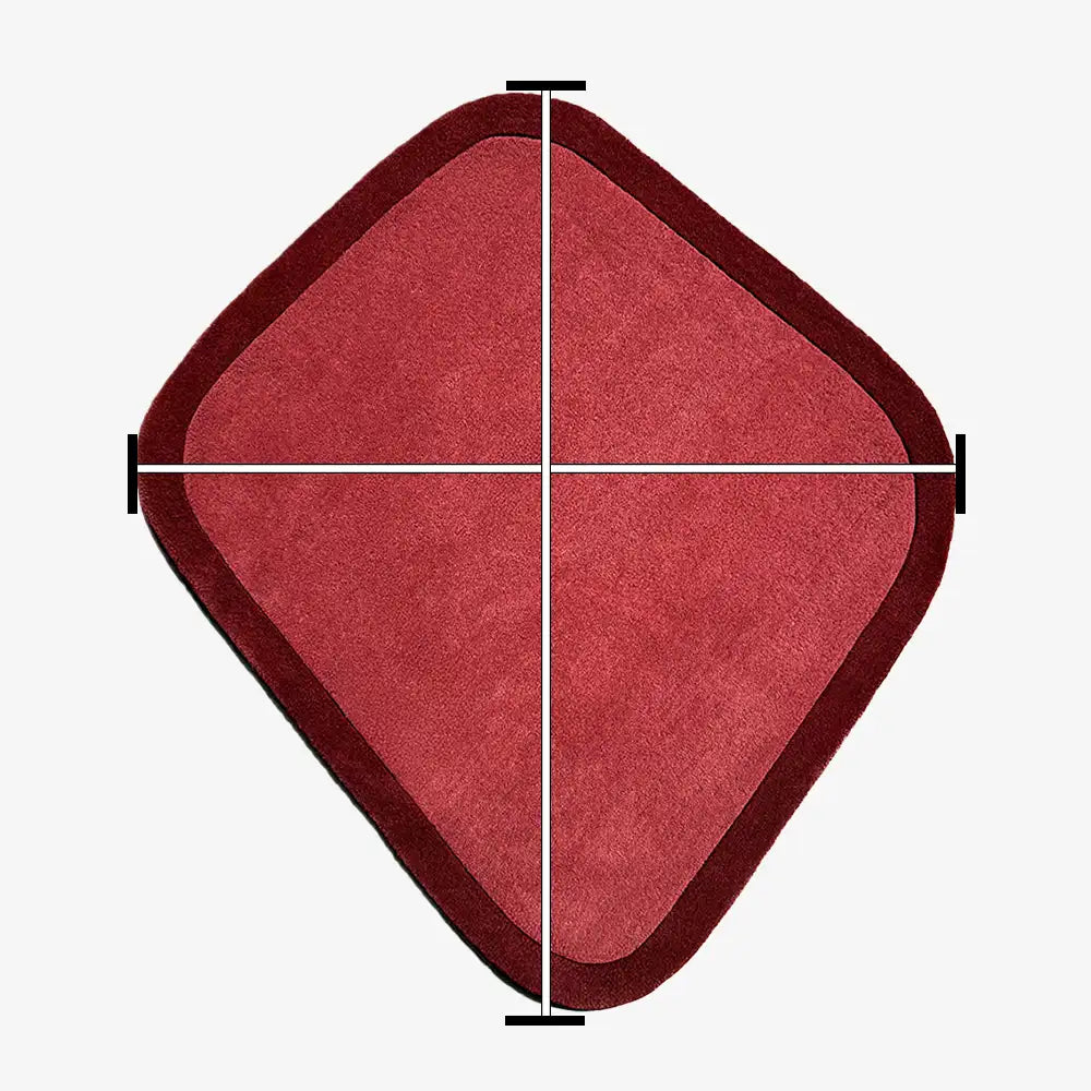 dimension markings for red and rust irregular shaped square rug