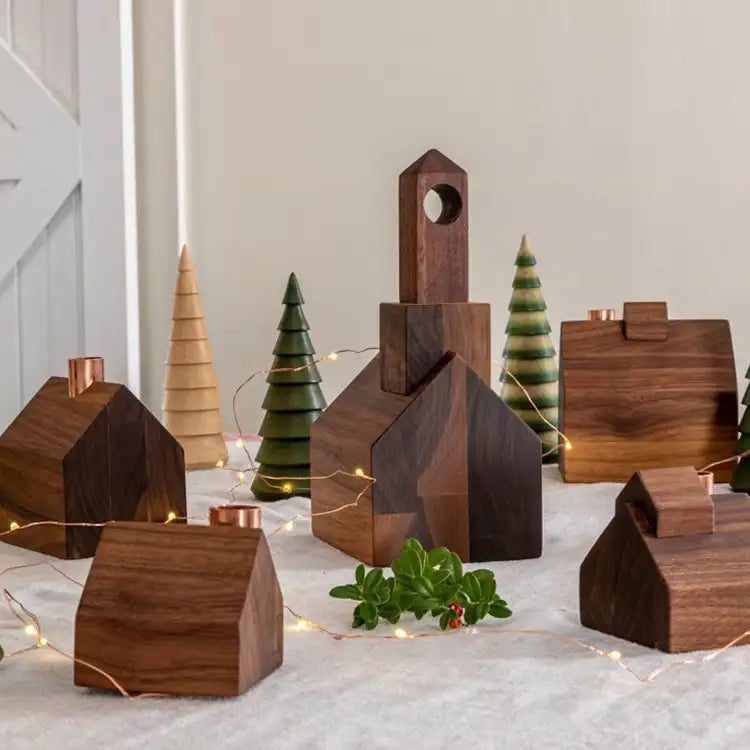 Modern Christmas Village Candlestick Holder Set