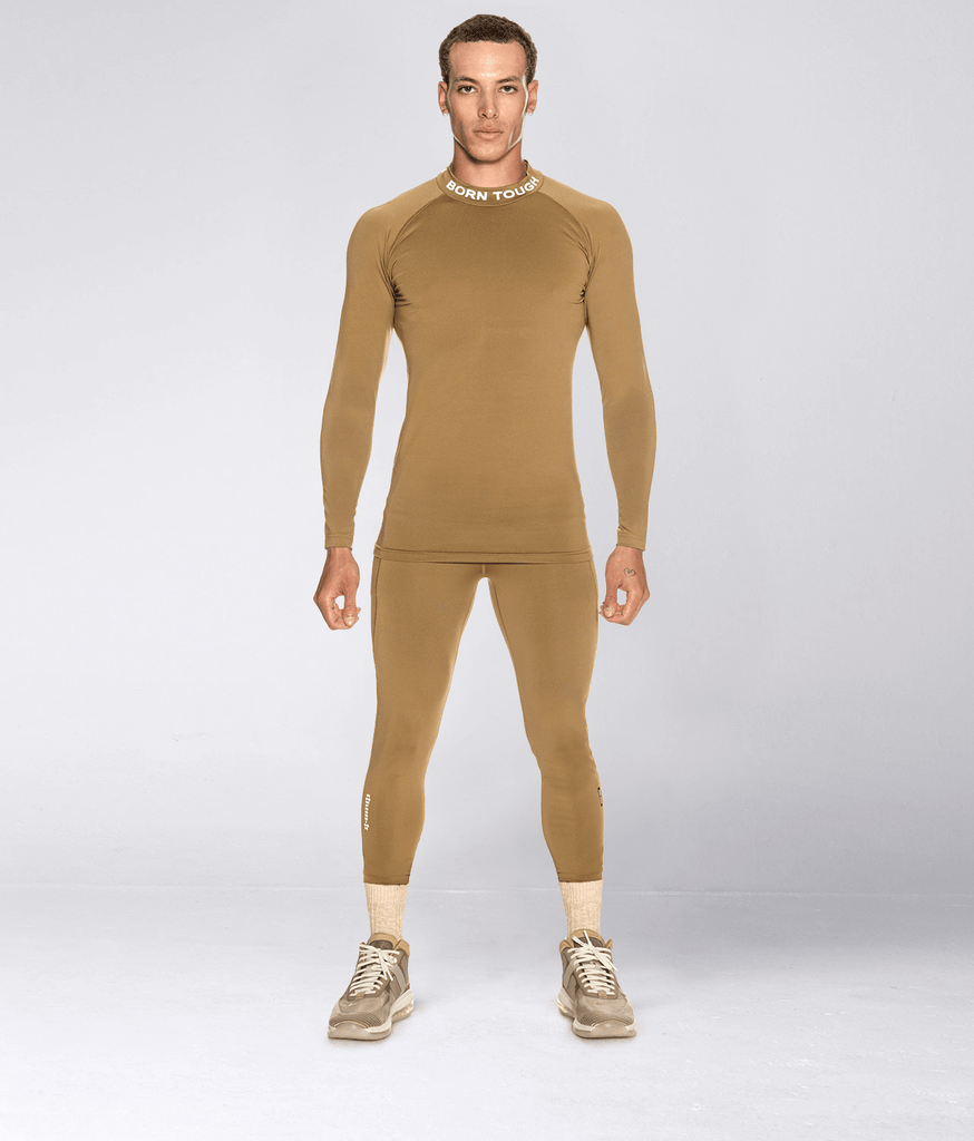 Born Tough Mock Neck Long Sleeve Khaki Gym Workout Compression Shirt For Men Elite Sports