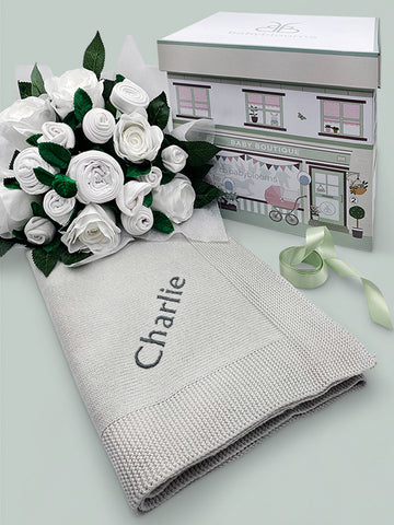 Luxury Rose Baby Clothes Bouquet and Personalised Baby Blanket Grey