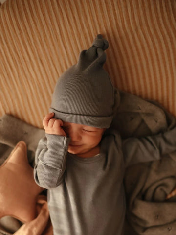 Mushie Ribbed Baby Beanie Lifestyle View -ANB Baby