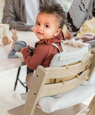 Person - Stokke Beech Wood Adjustable Ergonomic Tripp Trapp High Chair Complete, Natural Chair with Timeless Grey Cushion