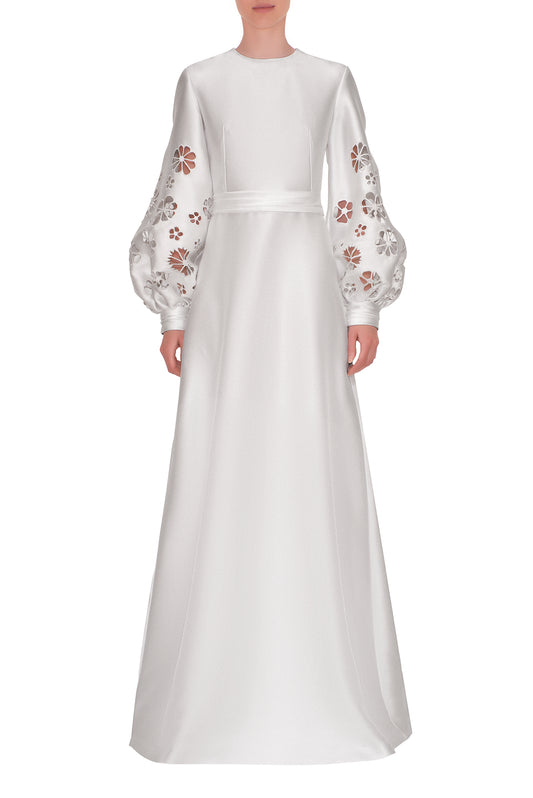 BLOUSON SLEEVE, HIGH V-NECK DRESS WITH EMBROIDERED BELT BUCKLE – ReemAcra