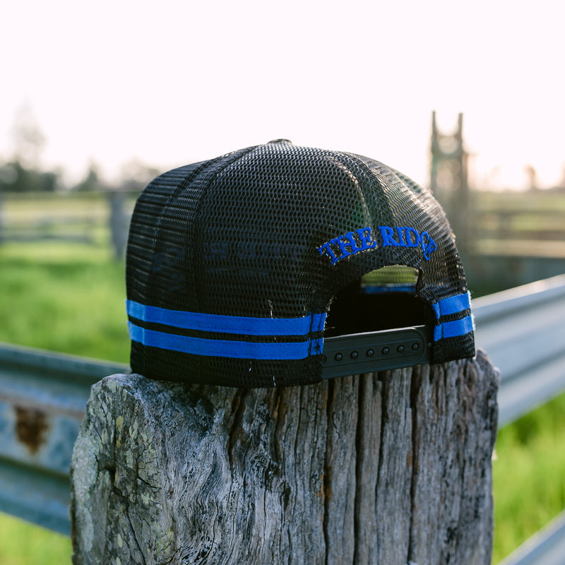 blue and black trucker hat