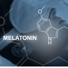 Person sleeping with sleep mask with melatonin word and molecule as text in front