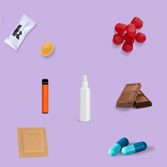 Graphic showing variety of melatonin supplements like pills, patches, dummies, capsules, spray and lozenges on lavender background