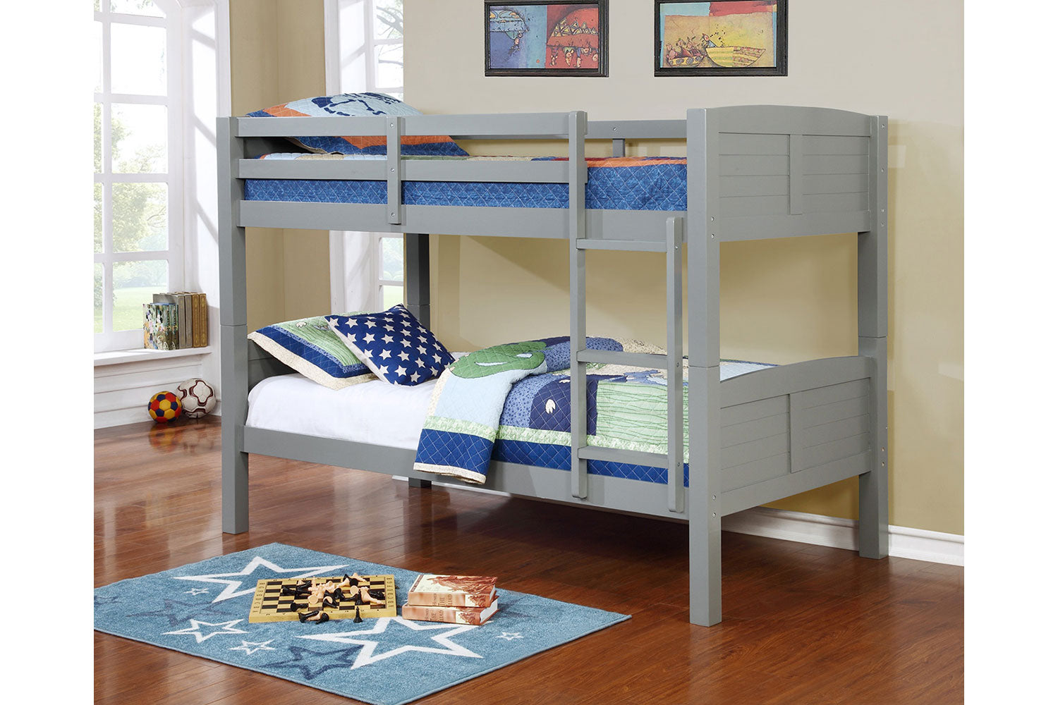 grey wooden bunk beds