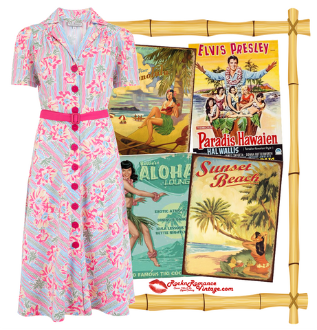 tiki fashion floral dress shirt dress 50s dress 1950s dress classic fashion vintage dress 