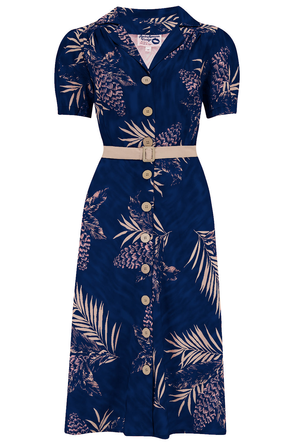 Retro Tiki Dress – Tropical, Hawaiian Dresses The Charlene Shirtwaister Dress in Sapphire Palm Print True 1950s Vintage Style £49.95 AT vintagedancer.com