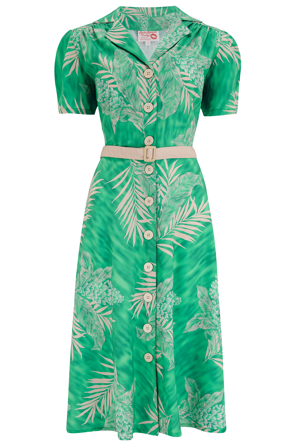 Retro Tiki Dress – Tropical, Hawaiian Dresses The Charlene Shirtwaister Dress in Emerald Palm Print True 1950s Vintage Style £49.95 AT vintagedancer.com