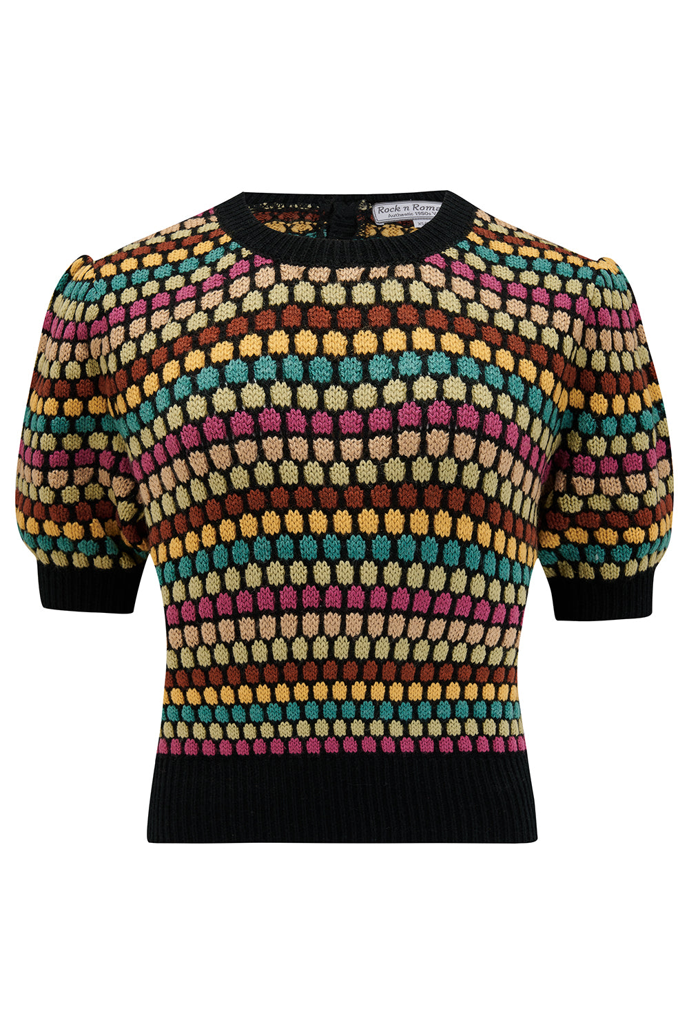 The "Claudette" Short Sleeve Pullover Jumper in Multi Colour Knit, Classic 1940s & 50s Vintage Style product