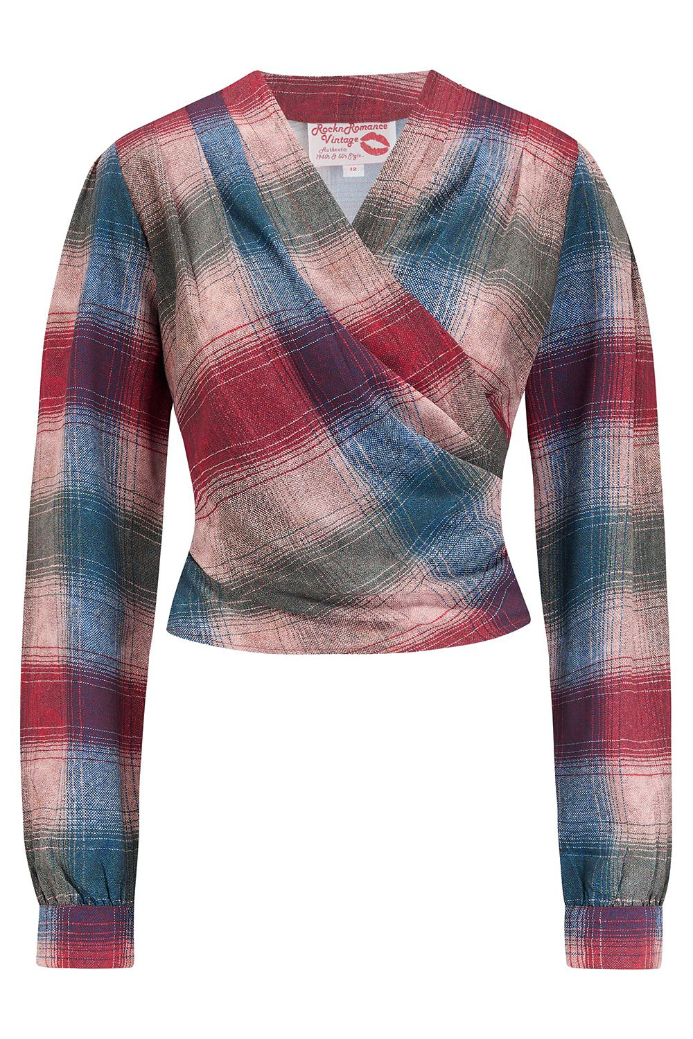 The "Darla" Long Sleeve Wrap Blouse in Cotswold Check Print, True Vintage Style product