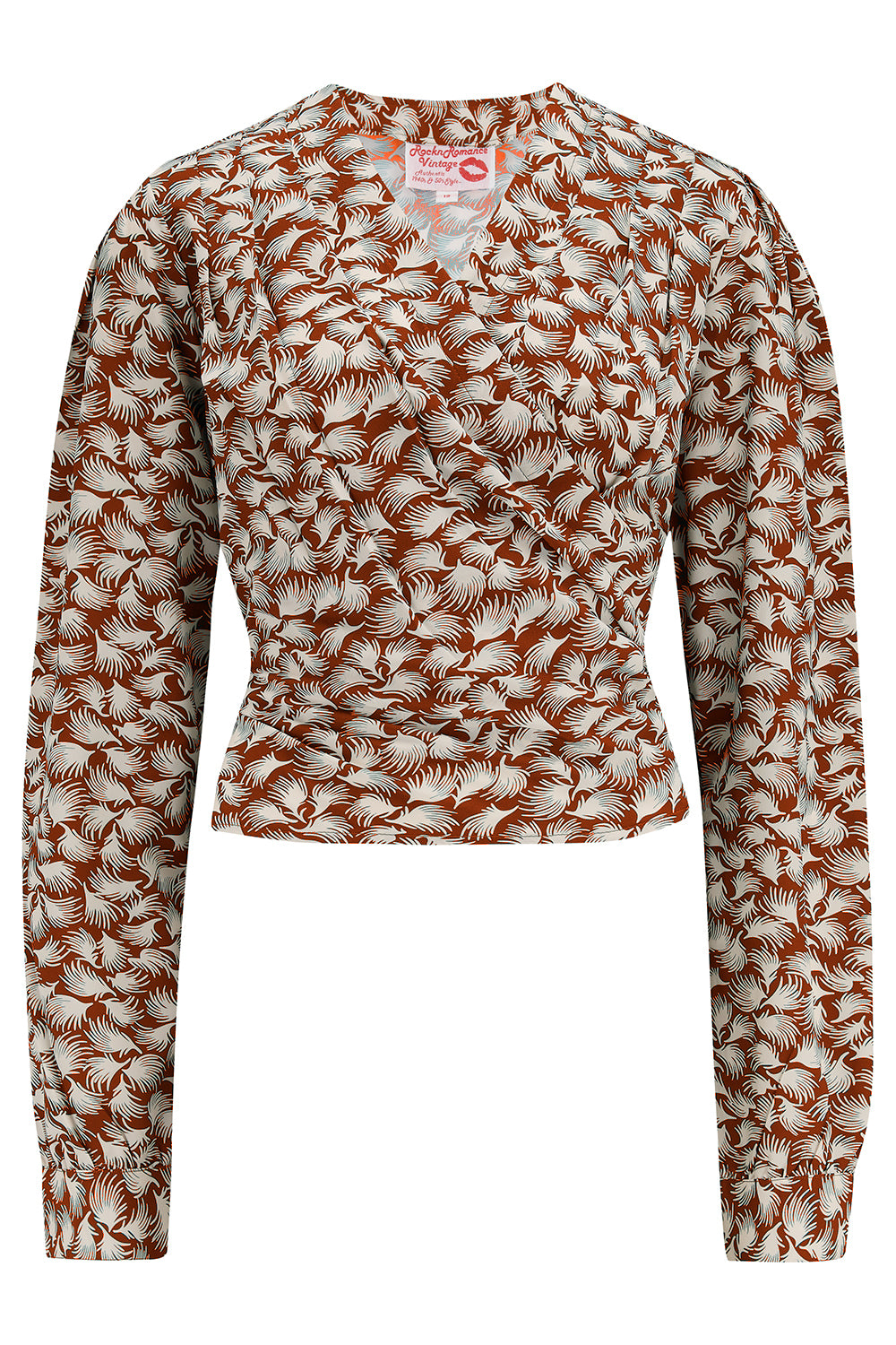 The "Darla" Long Sleeve Wrap Blouse in Cinnamon Whisp Print, True Vintage Style product