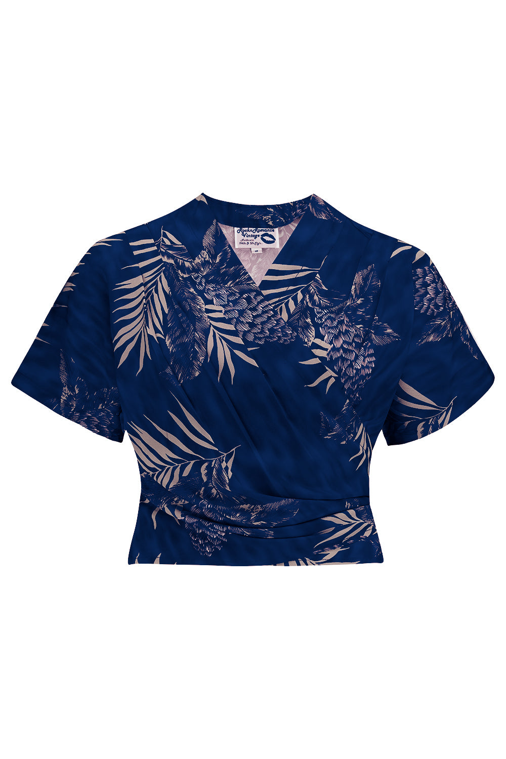 The "Darla" Short Sleeve Wrap Blouse in Sappire Palm Print, True Vintage Style product