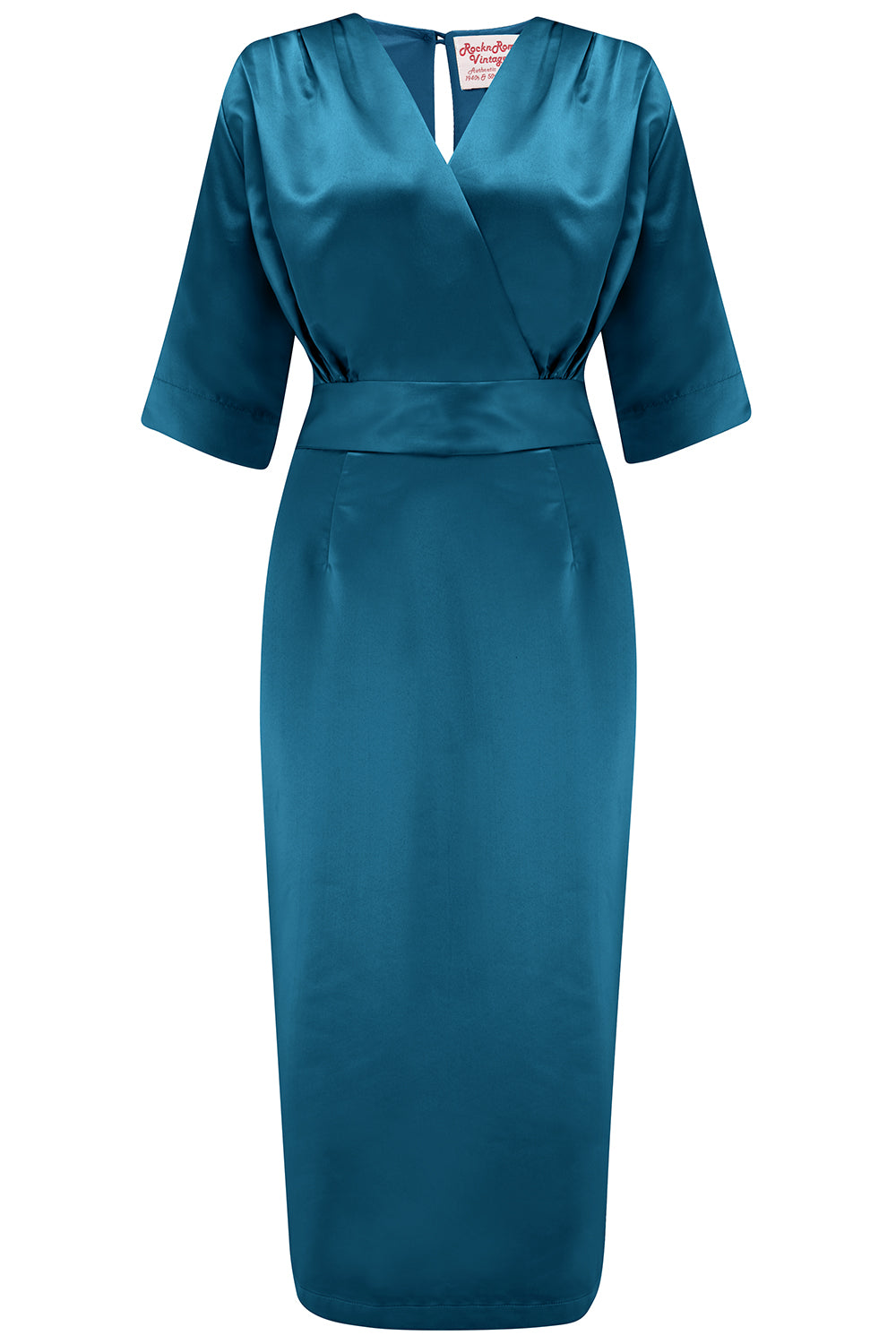 1960s Mad Men Dresses and Clothing Styles New RnR Luxe Range.. The Evelyn Wiggle Dress in Super Luxurious Peacock Blue SATIN £69.95 AT vintagedancer.com