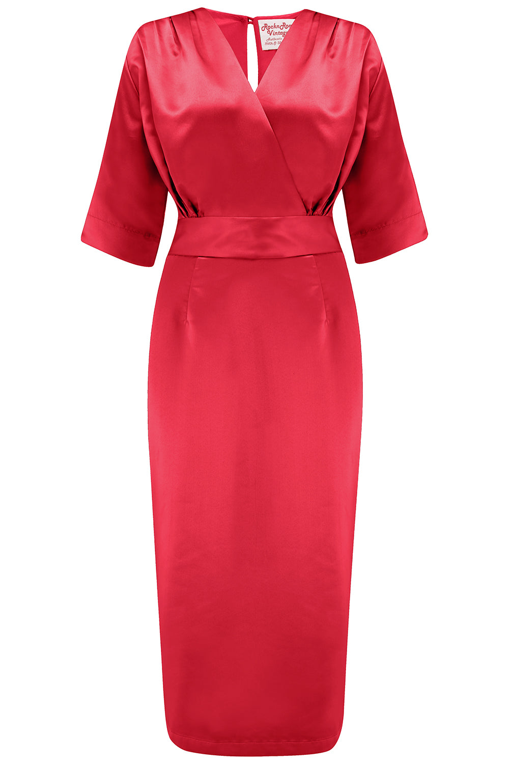 1960s Mad Men Dresses and Clothing Styles New RnR Luxe Range.. The Evelyn Wiggle Dress in Super Luxurious Scarlet Red SATIN £69.95 AT vintagedancer.com