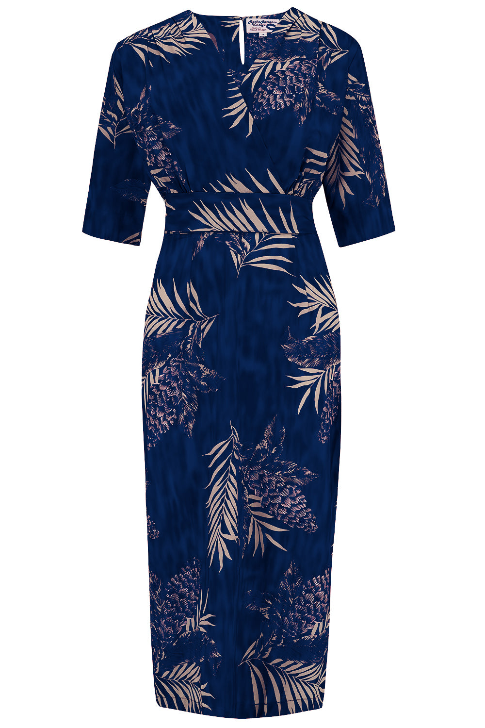 The “Evelyn" Wiggle Dress in Sapphire Palm Print , True Late 40s Early 50s Vintage Style product