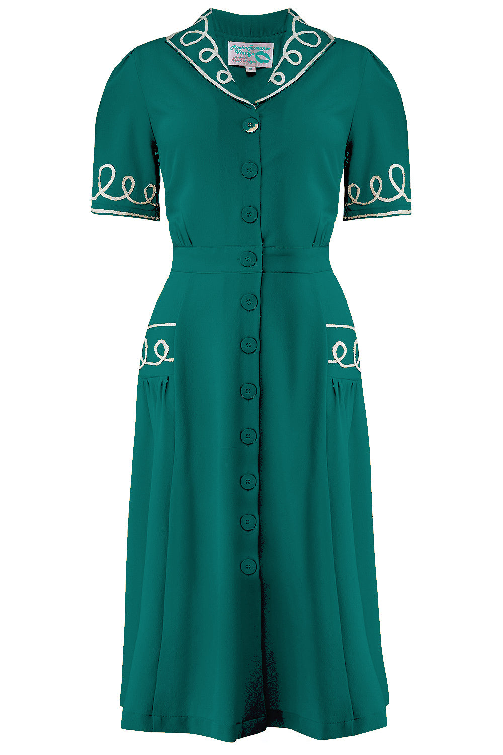 1940s Tea Dresses, Mature, Mrs. Long Sleeve Dresses The Loopy-Lou Shirtwaister Dress in Teal with Contrast RicRac True 1950s Vintage Style £49.95 AT vintagedancer.com