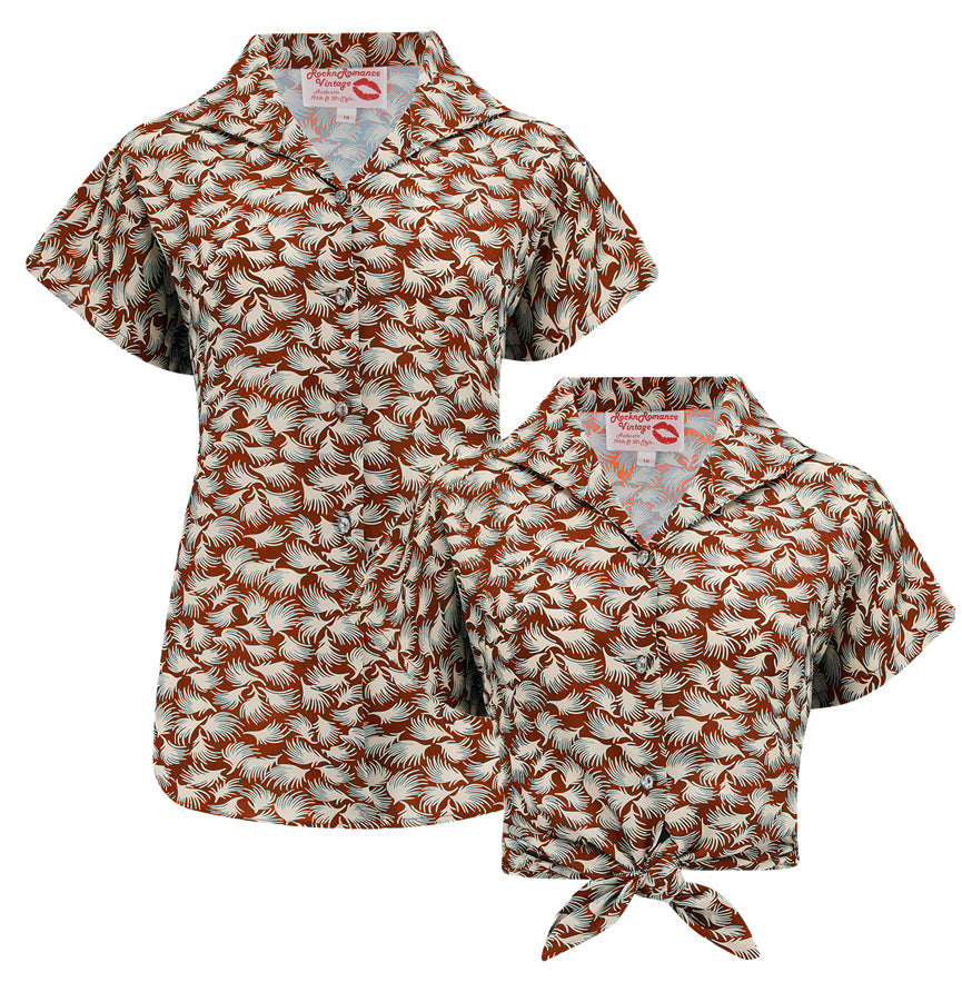 Tuck in or Tie Up "Maria" Blouse in Cinnamon Whisp Print, Authentic 1950s product