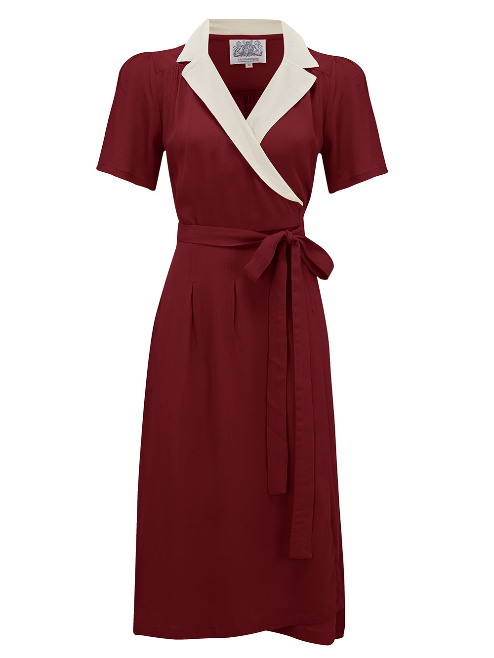 "Peggy" Wrap Dress in Wine with Cream Contrast Collar, Classic 1940s Vintage Style product