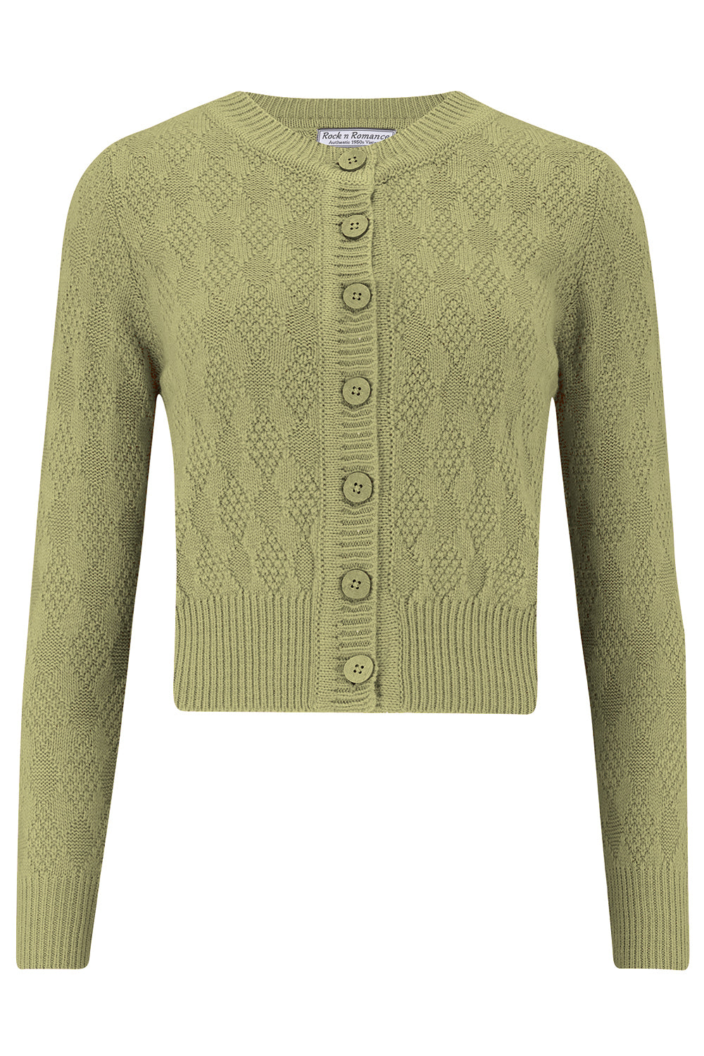 The "Sandra" Textured Diamond Knit Cardigan in Sage Green, 1940s & 50s Vintage Style product