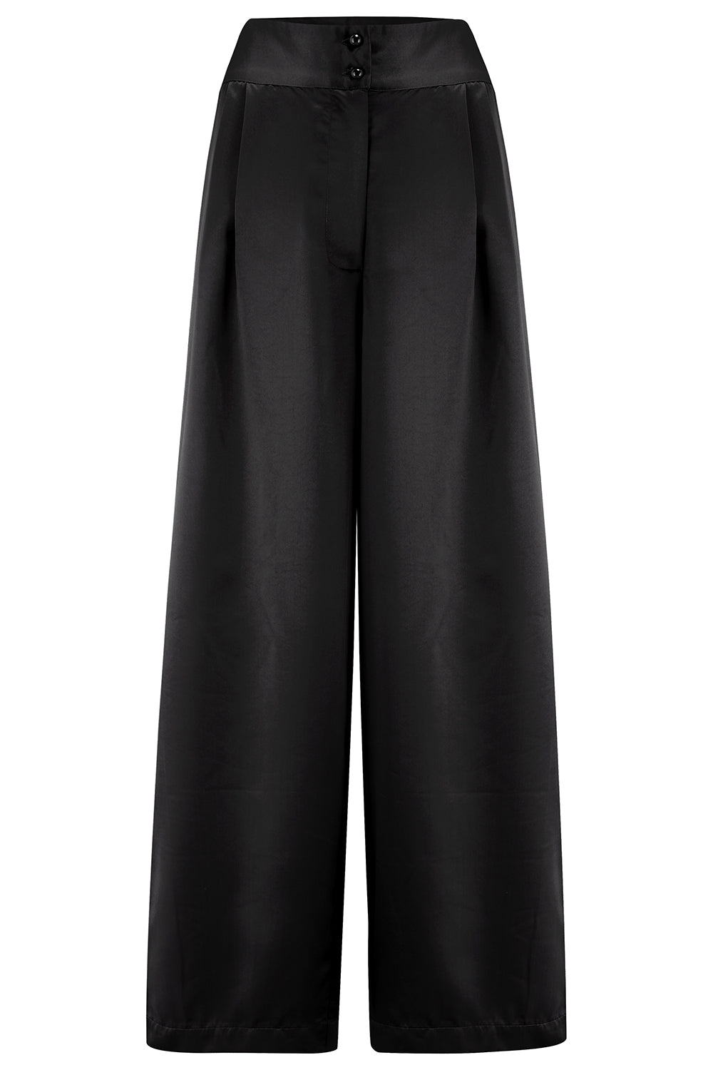 1930s Wide Leg Pants, Overalls, Beach Pajamas, Shorts New RnR Luxe Range.. The Sophia Palazzo Wide Leg Trousers in Super Luxurious Onyx Black SATIN £54.95 AT vintagedancer.com