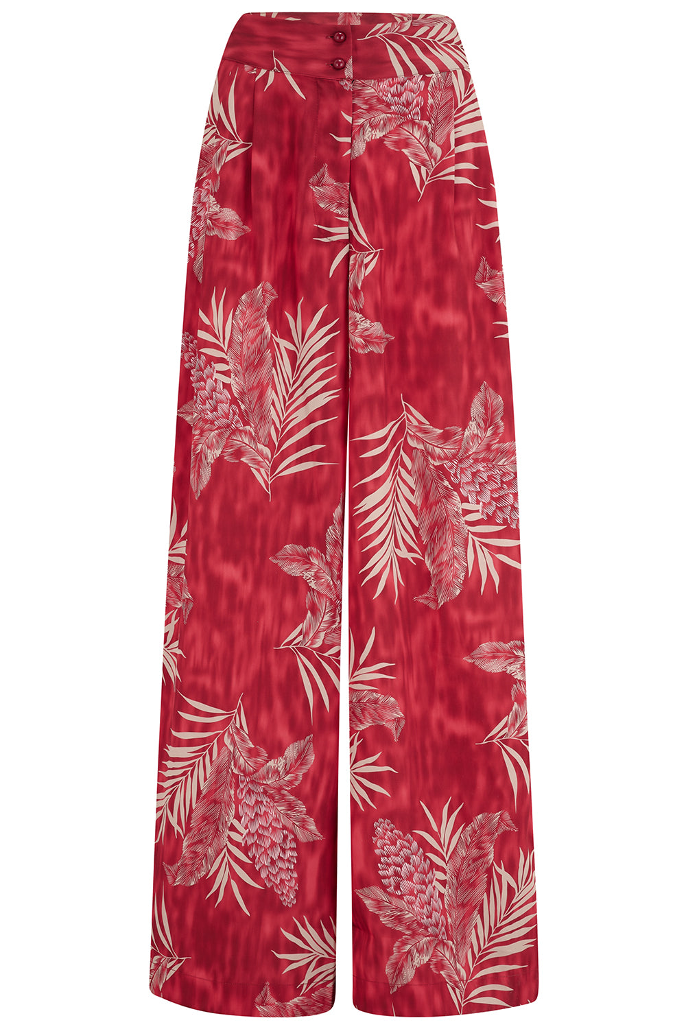 Vintage Wide Leg Pants & Beach Pajamas History The Sophia Palazzo Wide Leg Trousers in Ruby Palm Print Easy To Wear Vintage Inspired Style £39.95 AT vintagedancer.com