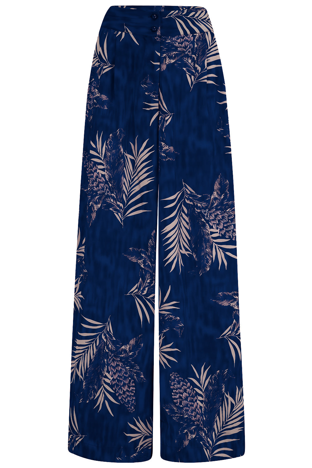 The "Sophia" Palazzo Wide Leg Trousers in Sapphire Palm Print, Easy To Wear Vintage Inspired Style product