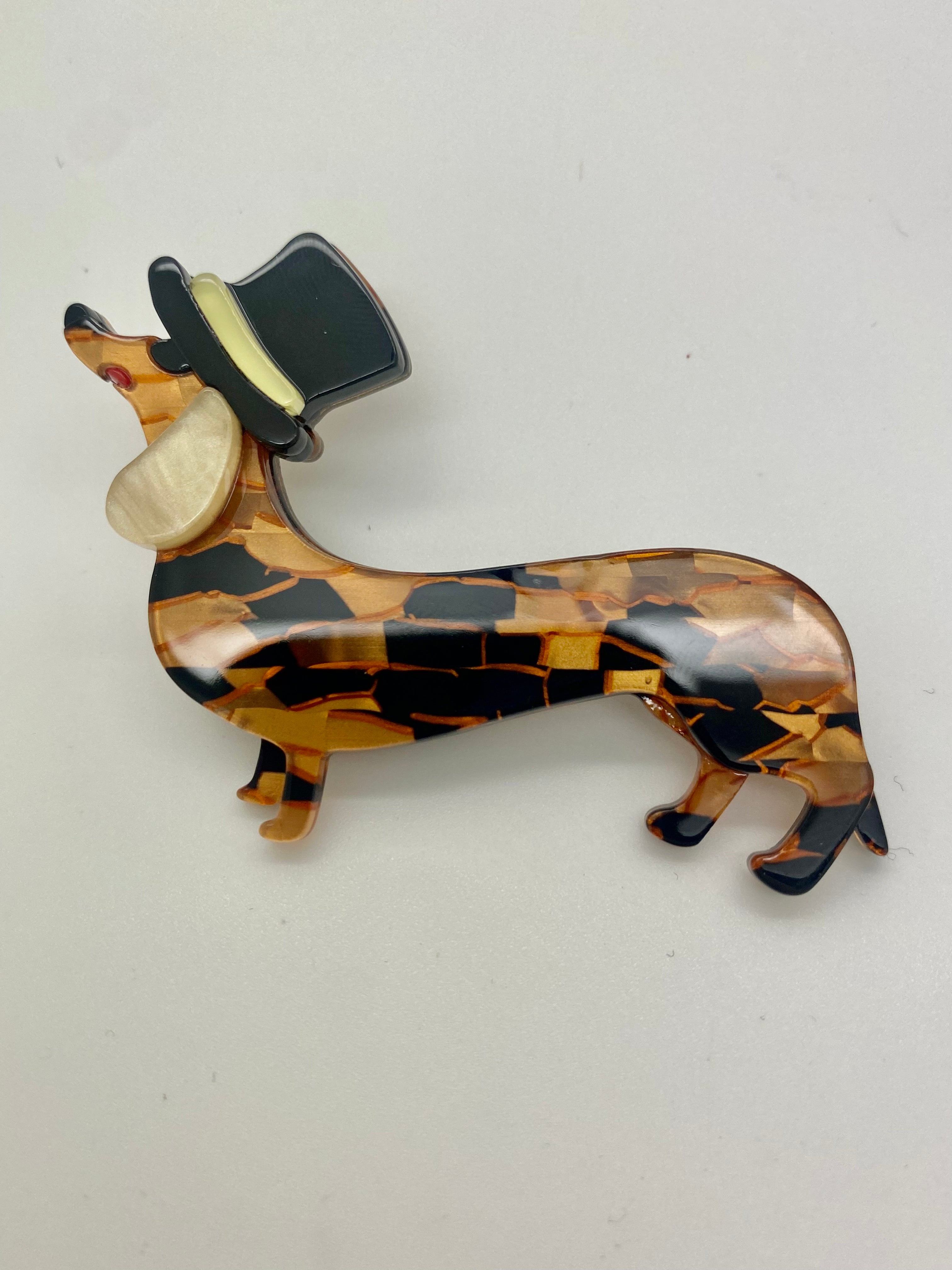 Kitsch Sausage Dog Acrylic Pin Brooch, Fun Rockabilly Style & Oh So Kitsch,