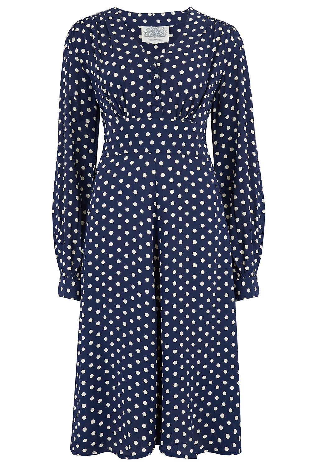 1940s Day Dress Styles, House Dresses Ava Dress in Navy Polka Dot Print Classic 1940s Style Long Sleeve Dress £89.95 AT vintagedancer.com