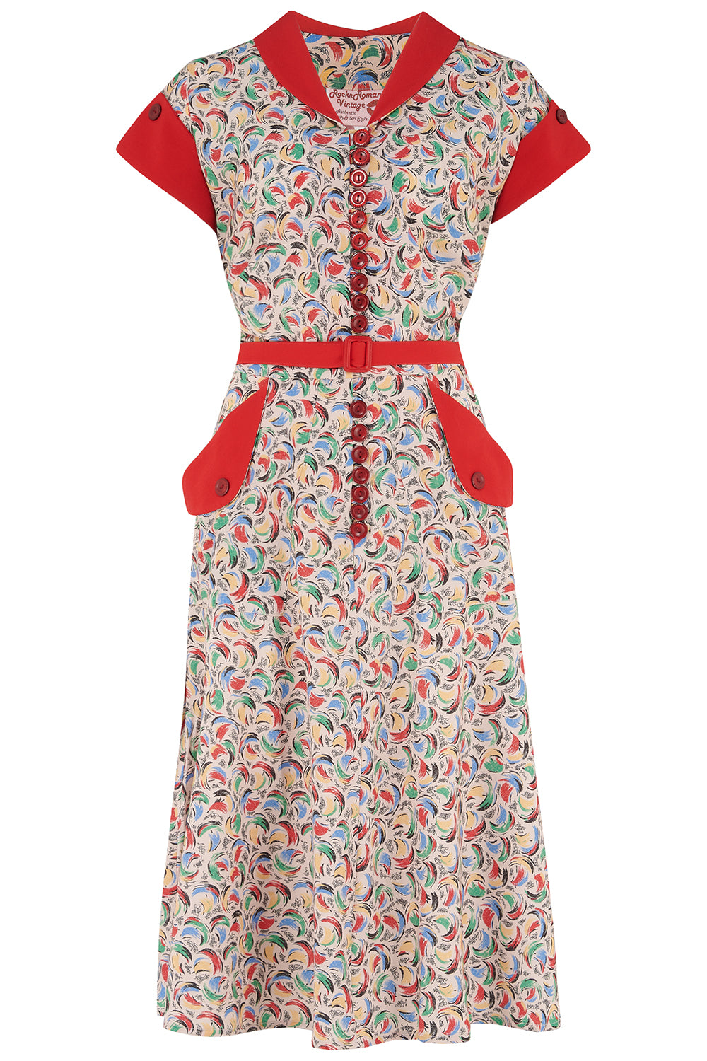 1950s Dresses, 50s Dresses | 1950s Style Dresses The Casey Dress in Tutti Frutti Print With Red Contrasts True  Authentic 1950s Vintage Style £49.00 AT vintagedancer.com