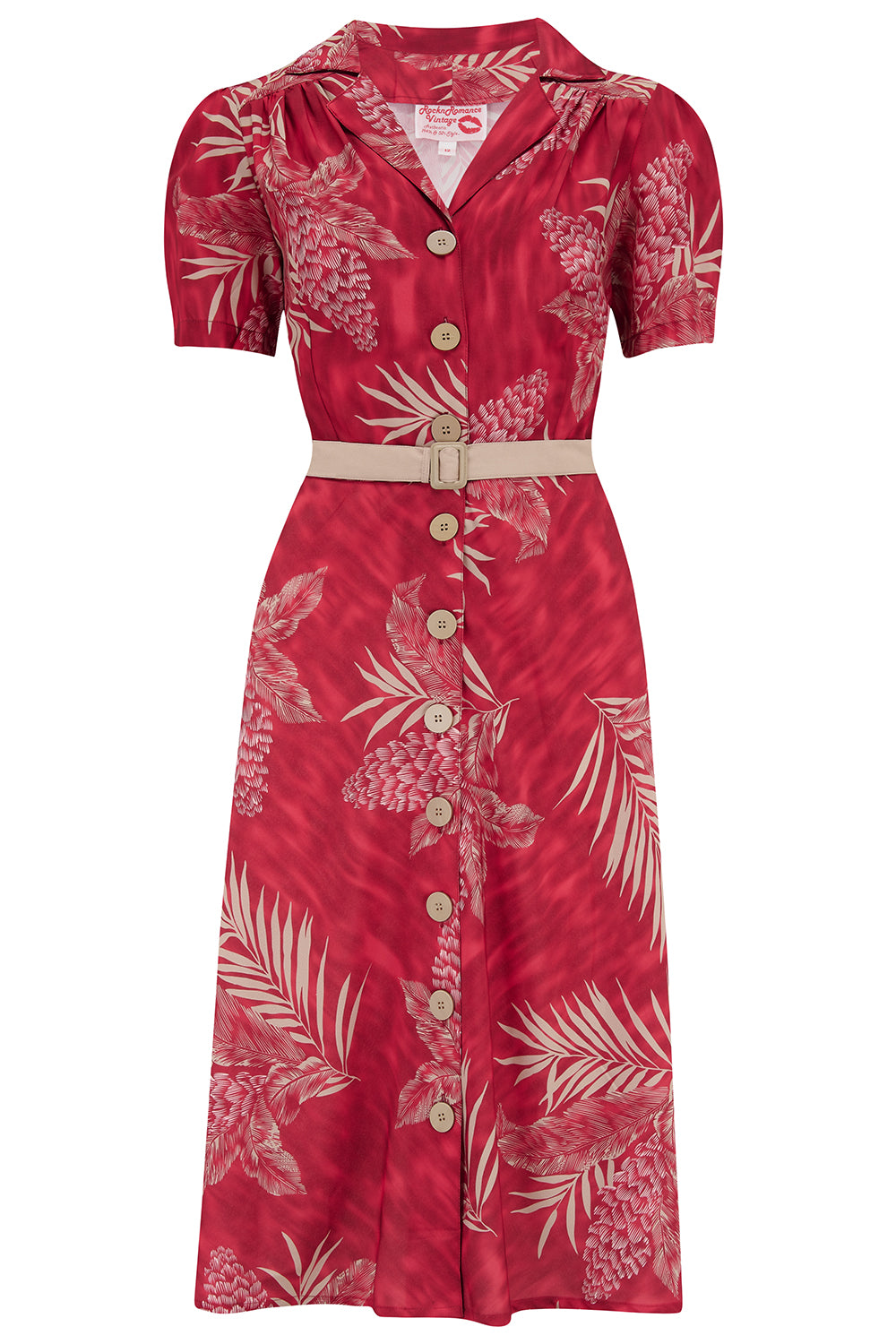 Retro Tiki Dress – Tropical, Hawaiian Dresses Charlene Shirtwaister Dress in Ruby Palm Print True 1950s Vintage Style £49.95 AT vintagedancer.com