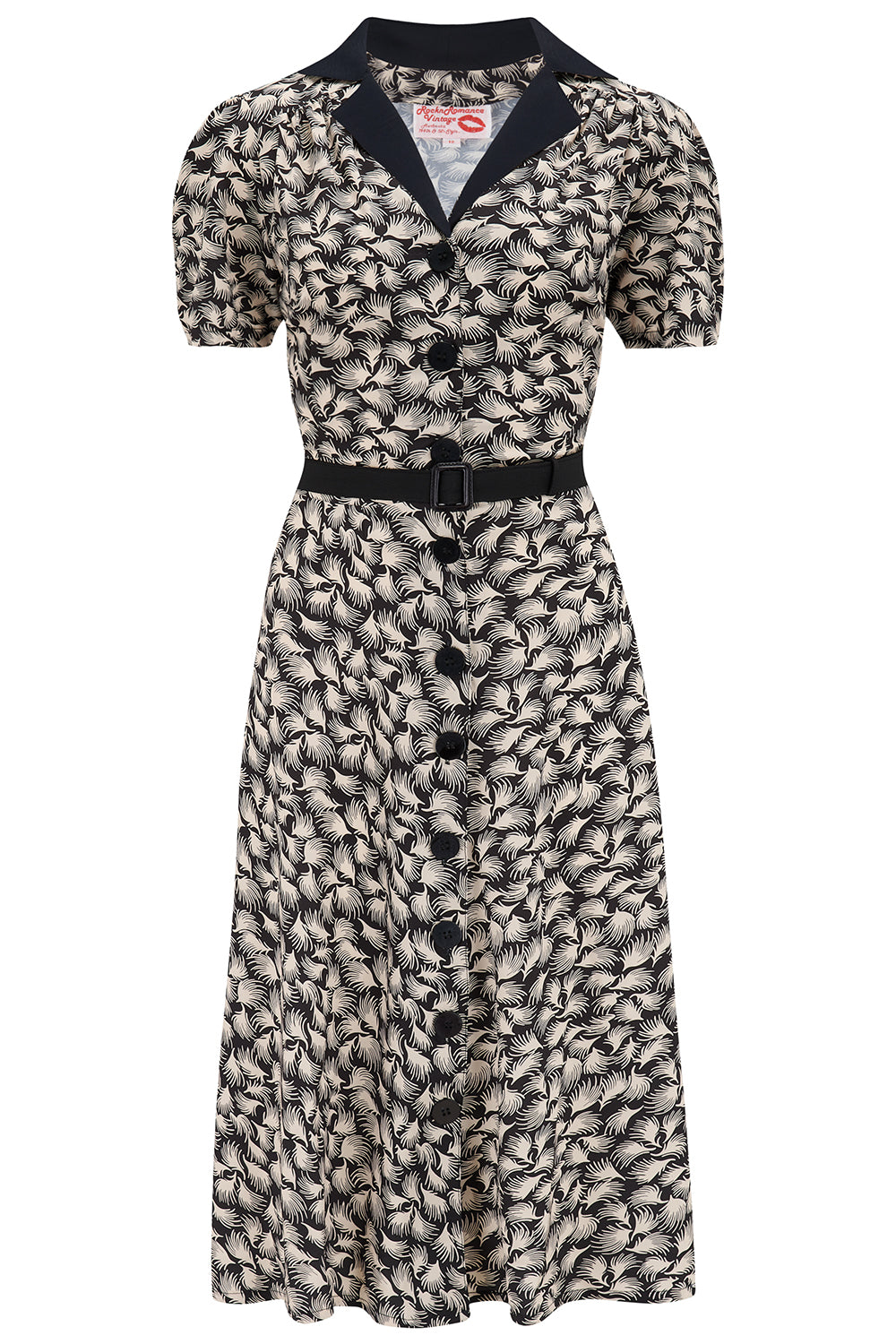 1940s Day Dress Styles, House Dresses The Charlene Shirtwaister Dress in Black Whisp Print With Contrast Collar True 1950s Vintage Style £49.95 AT vintagedancer.com