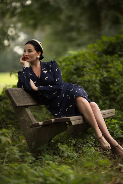 "Ava" Dress in Navy Doggy Print, Classic 1940's Style Long Sleeve Dress - True and authentic vintage style clothing, inspired by the Classic styles of CC41 , WW2 and the fun 1950s RocknRoll era, for everyday wear plus events like Goodwood Revival, Twinwood Festival and Viva Las Vegas Rockabilly Weekend Rock n Romance The Seamstress Of Bloomsbury