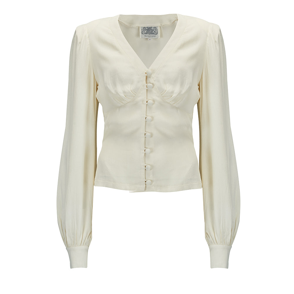 1930s Style Blouses, Shirts, Tops | Vintage Blouses Jay Long Sleeve Blouse in Cream Classic 1940s Vintage Inspired Style £45.95 AT vintagedancer.com