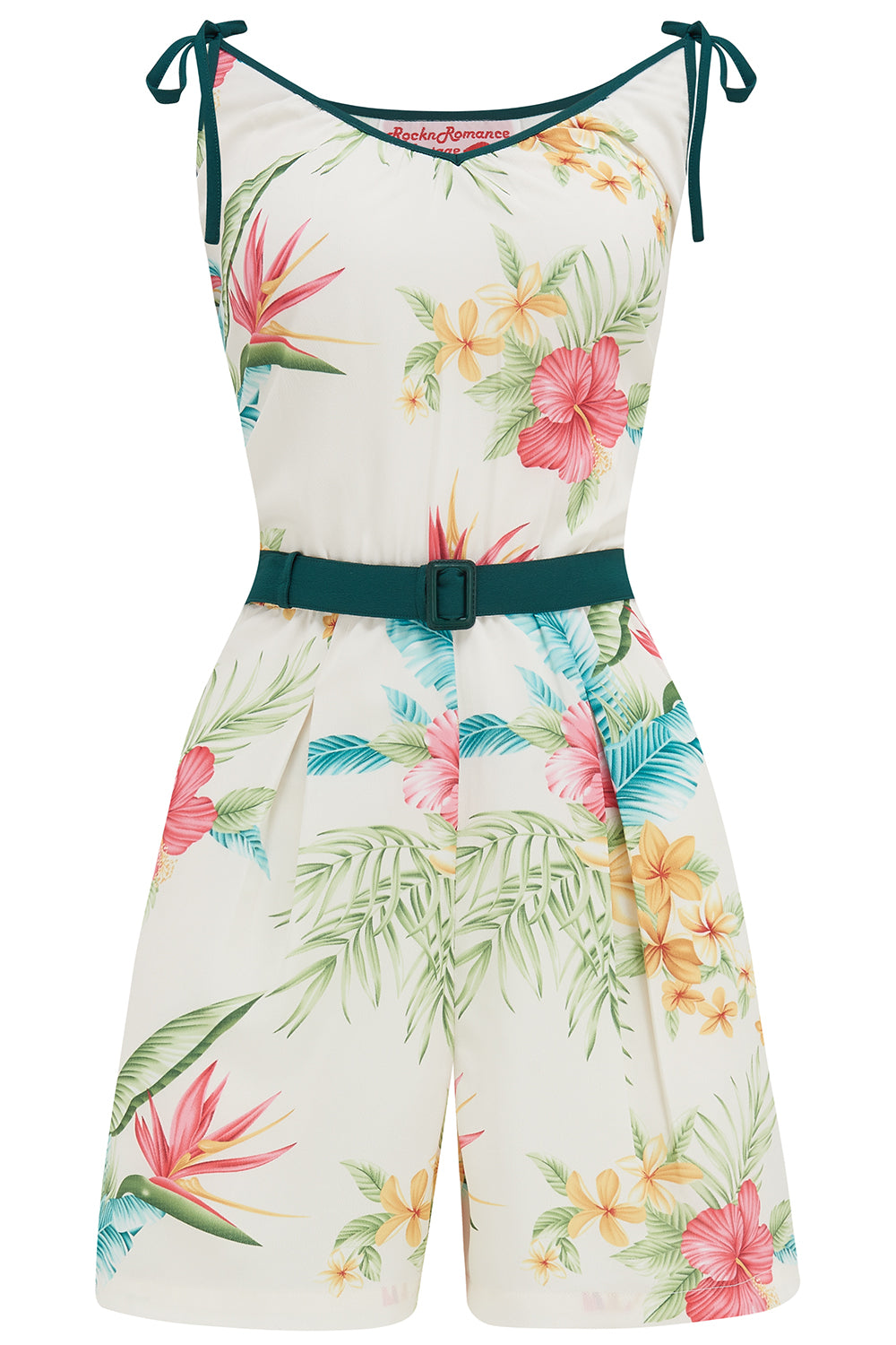 The "Marcie" Beach Playsuit / Romper in Natural Honolulu With Green Contrasts, True & Authentic 1950s Vintage Style