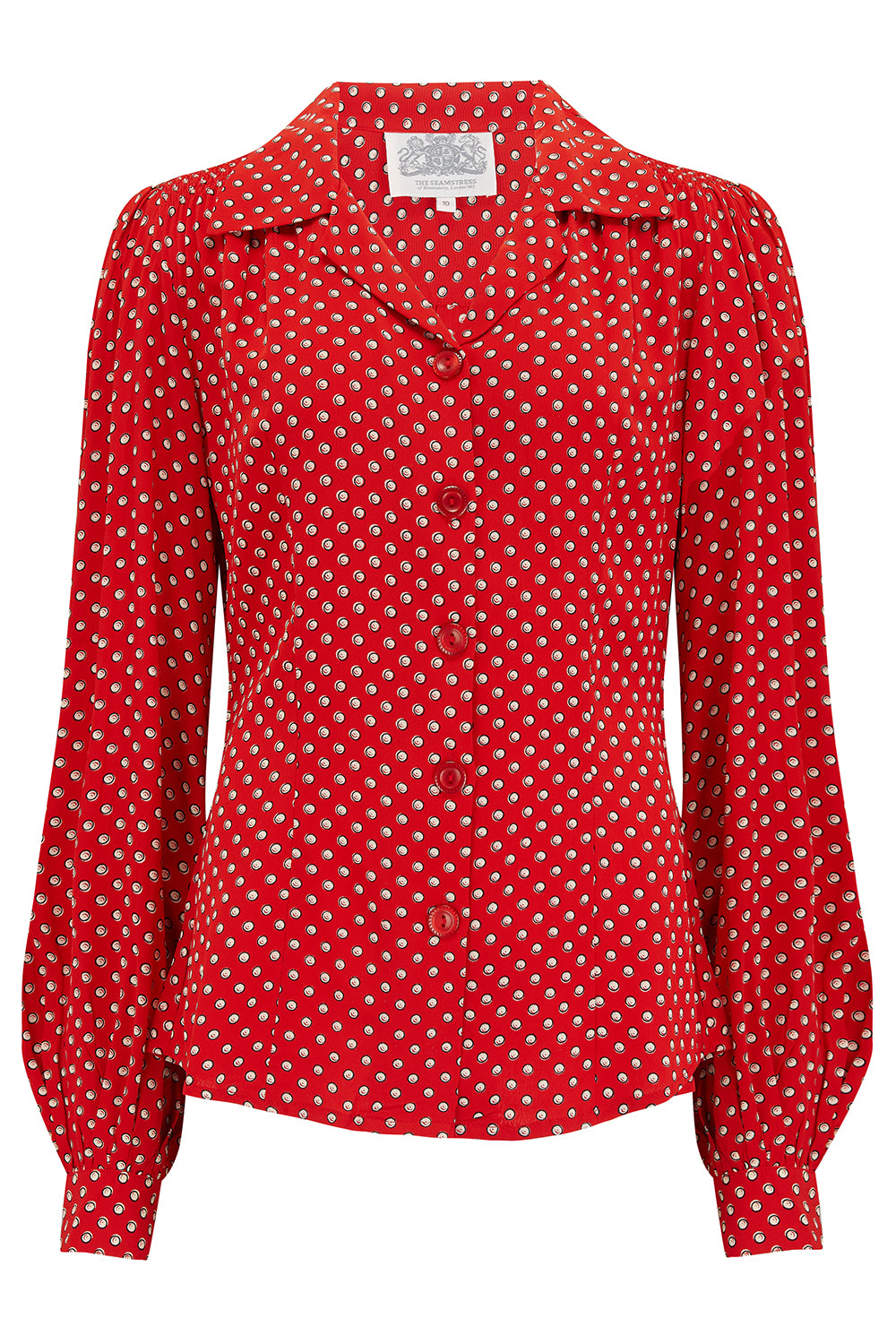1940s Blouses, Tops, Shirts, Knitwear Poppy Long Sleeve Blouse in Red Ditzy Dot  Authentic  Classic 1940s Vintage Style £49.00 AT vintagedancer.com