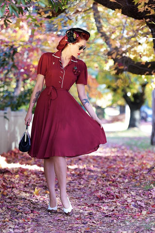 "Mae" Tea Dress in Wine with Cream Contrasts, Classic 1940s True Vintage Style - Clothing and outfit Styles for Goodwood Revival and Viva Las Vegas Rockabilly Weekend