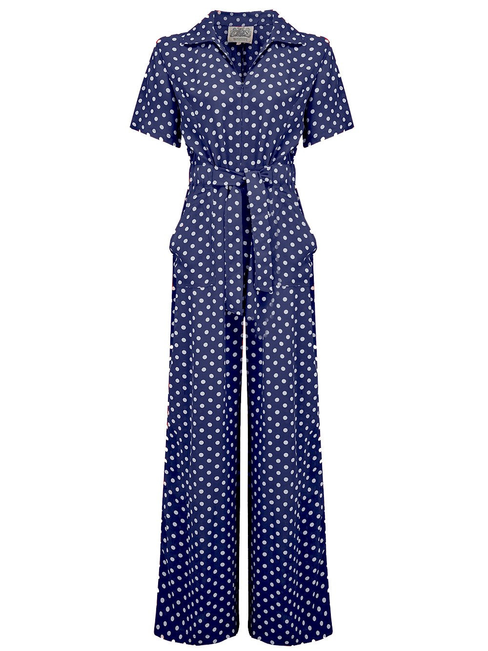 Vintage Wide Leg Pants & Beach Pajamas History Lauren Siren Jump Suit in Navy Blue with Polka Dot Spots by The Seamstress of Bloomsbury Classic 1940s Vintage Style £89.95 AT vintagedancer.com